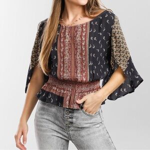 Angie Mixed Paisley Print Crinkle Boho Hippie Smocked Top Size L